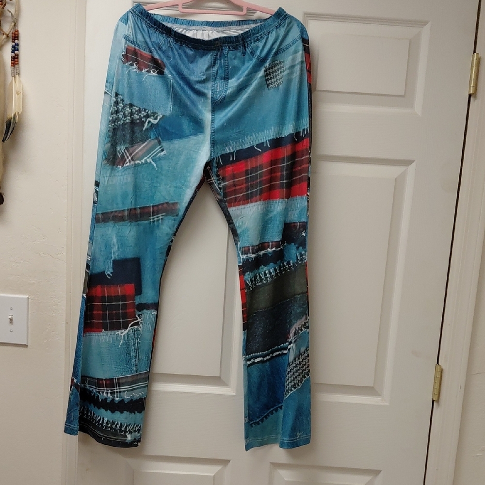 Women's Blue Patchwork Boot Cut Pants
